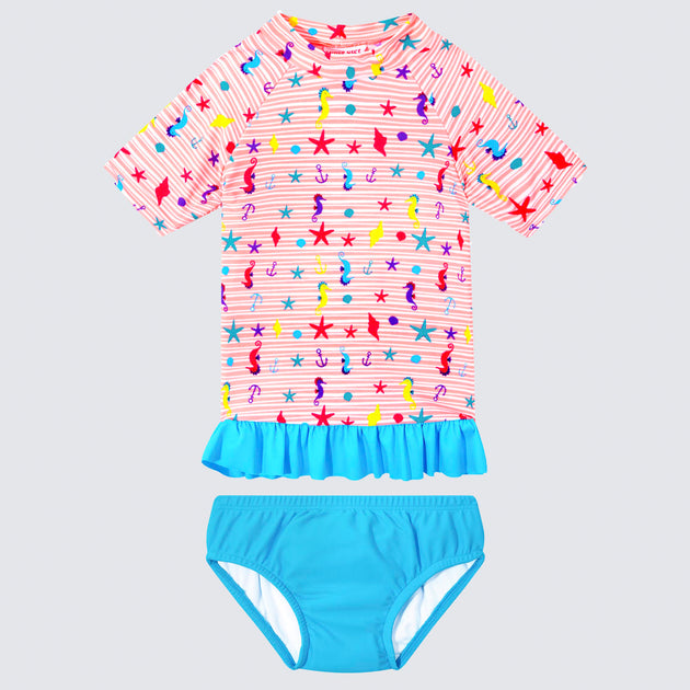 Cupid Girl Beach Buddies Frill Rashie and Swim Nappy Set Aqua Blu