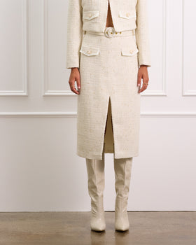 Cream Boucle Midi Skirt With Detachable Belt and Pockets