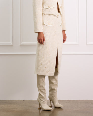 Cream Boucle Midi Skirt With Detachable Belt and Pockets