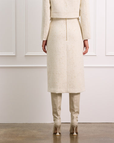Cream Boucle Midi Skirt With Detachable Belt and Pockets