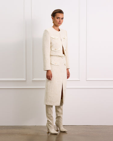 Cream Boucle Midi Skirt With Detachable Belt and Pockets