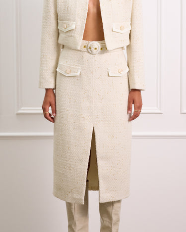 Cream Boucle Midi Skirt With Detachable Belt and Pockets