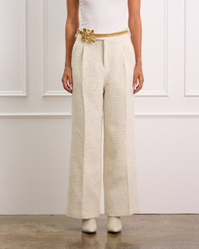 High Waisted Cream Boucle Pants With Pockets