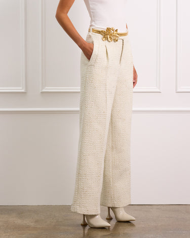High Waisted Cream Boucle Pants With Pockets