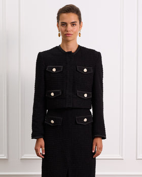 Structured Cropped Boucle Jacket With a Round Neckline and Pockets