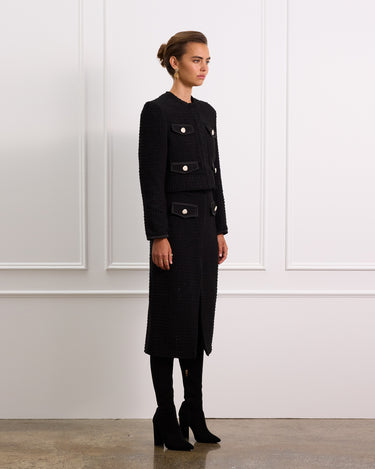 Structured Cropped Boucle Jacket With a Round Neckline and Pockets