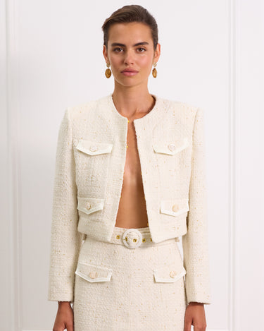 Structured Cropped Boucle Jacket With Pockets 