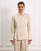 Champagne Silk Button Down Blouse With Sleeve Detailing