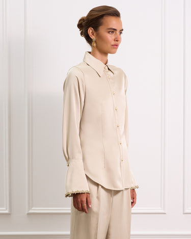 Champagne Silk Button Down Blouse With Sleeve Detailing