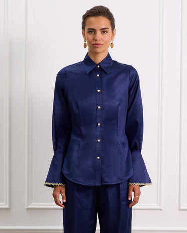 Silk Button Down Blouse With Sleeve Detailing in Navy