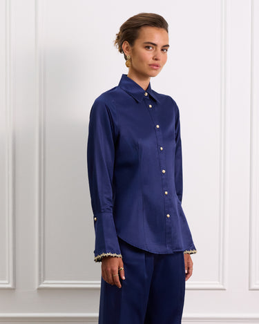 Silk Button Down Blouse With Sleeve Detailing in Navy