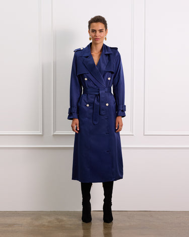 Navy Silk Trench Coat With Waist Tie 