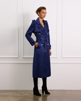 Navy Silk Trench Coat With Waist Tie