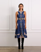 Floral Silk Midi Dress With a Detachable Waist Belt and Round Neckline