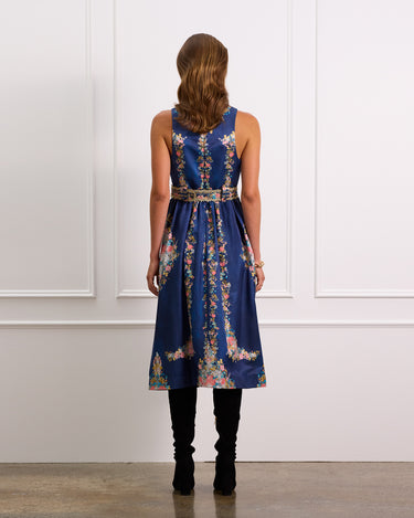 Floral Silk Midi Dress With a Detachable Waist Belt and Round Neckline