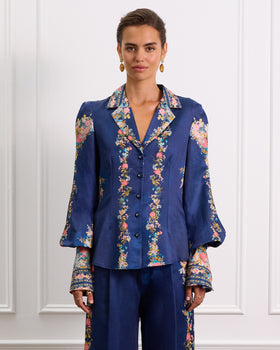 Navy Floral Silk Blouse With Blouson Sleeves