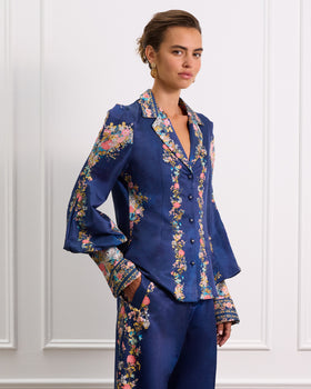 Navy Floral Silk Blouse With Blouson Sleeves