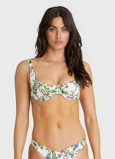 Green Flutter sleeve vneck bathing suit top & hi waisted floral
